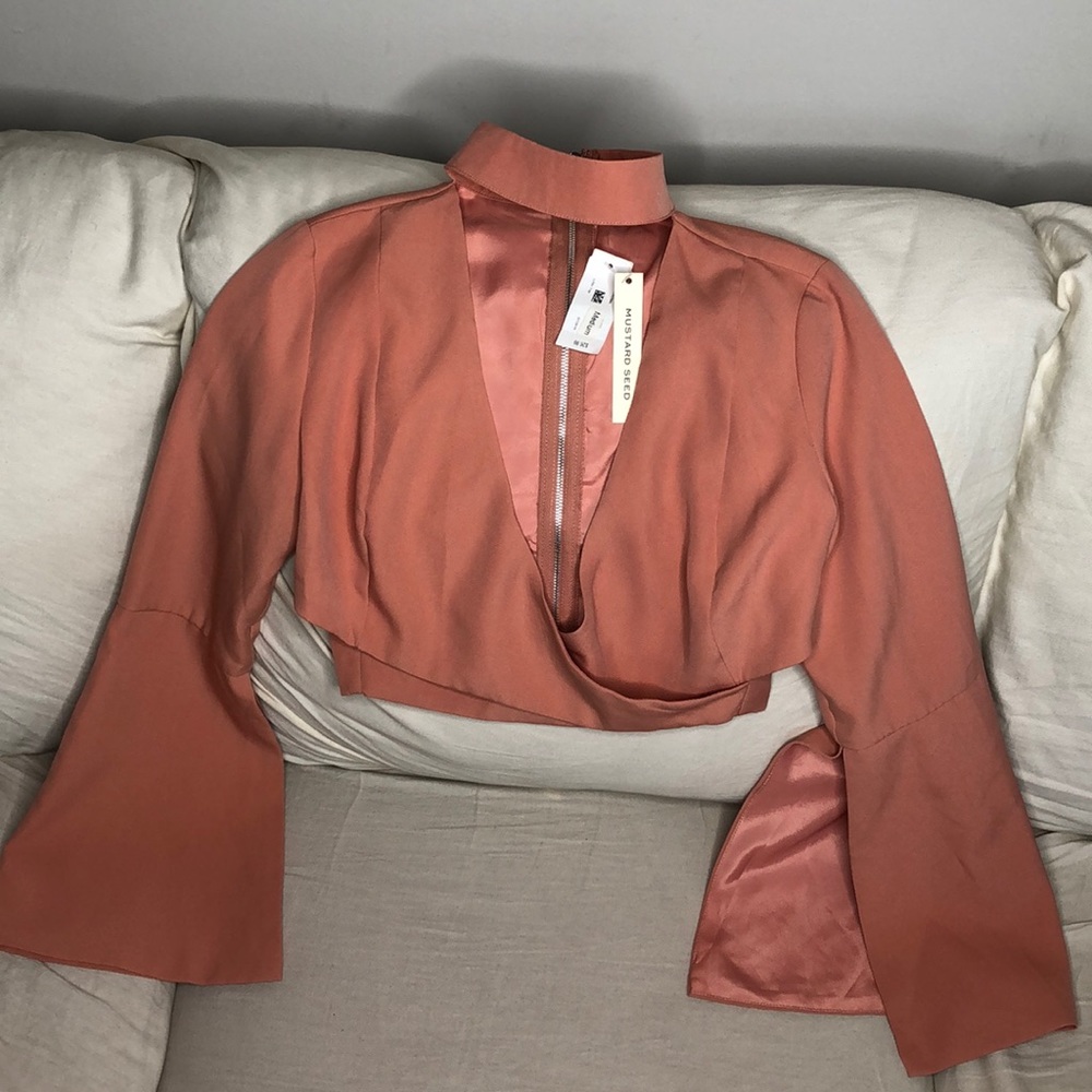 Rose Cropped Deep V Neck Top w/ Bell Sleeves